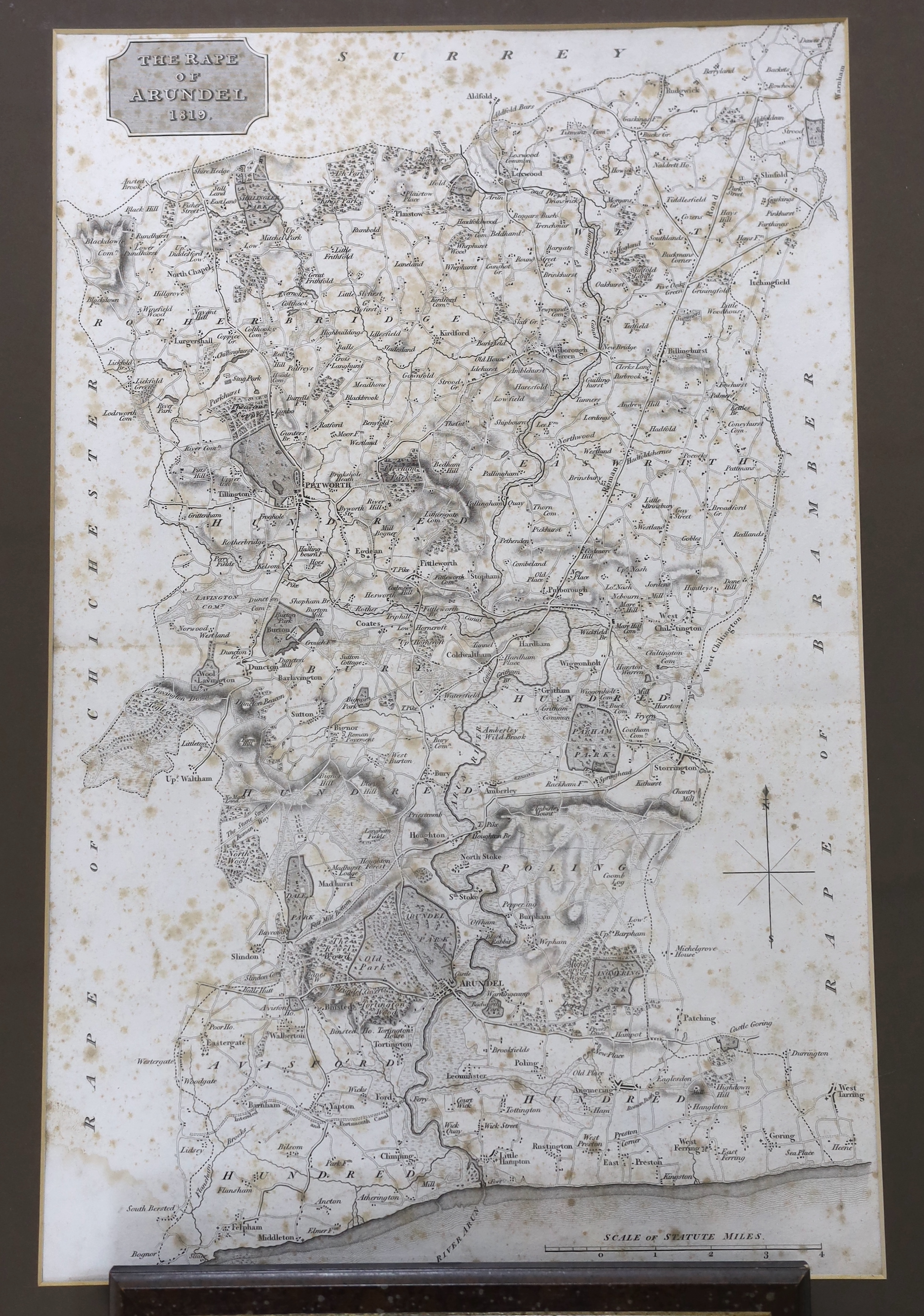 Two 18th/19th century maps comprising, Emanuel Bowen (1694-1767) The Road from London to Arundel in Sussex, hand coloured and The Rape of Arundel, 1819, 42 x 27cm